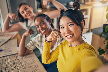 Image showing Friends, women and selfie with strong arm flex and banner at home bond, fun and power at home. Portrait, feminist or influencer people with diversity fist for social media, blog or profile picture