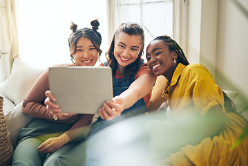 Image showing Home, friends with selfie and women with tablet, social media and blog with profile picture. Female people, technology and group on a couch, bonding and influencer with happiness and content creator