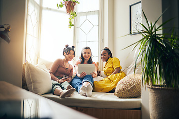 Image showing Home, friends with selfie and women with live streaming, social media and tablet with content creator. People, technology and group on a couch, memory and influencer with happiness, relax and memory