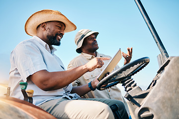 Image showing Tractor, farm and men talk with tablet for direction in Kenya desert with car for travel transport. Farming, agriculture and driving with tech for eco friendly and farmer journey with employees