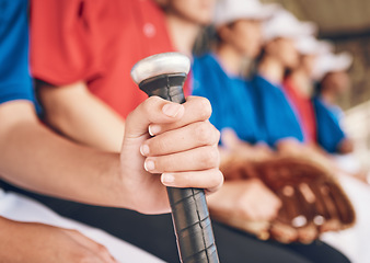 Image showing Hand, softball and bat with sports and team, fitness and mission with closeup, people in dugout watching game. Athlete group, exercise and support with collaboration and baseball player in club