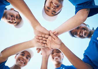 Image showing Sports, hands and portrait of baseball women below for support, teamwork and goal collaboration. Fitness, face and friends palm together for softball training, commitment or motivation or celebration