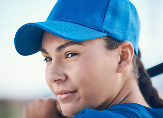 Image showing Baseball, face and a person with bat outdoor on pitch for sports performance or competition. Professional athlete or softball woman for swing, commitment or fitness for game, training or exercise