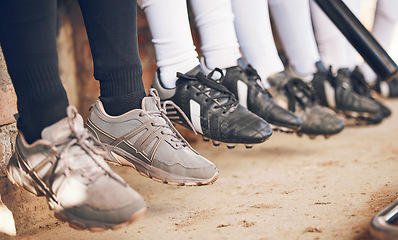 Image showing Shoes, softball and sports, team and fitness with competition, people at stadium with mission. Athlete group, exercise and trust with support, collaboration and baseball player in club with footwear