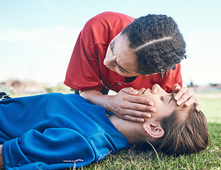 Image showing CPR, breathing check and saving woman on field for sport, fitness and game with accident and emergency. Training, paramedic and listening to lungs for breathe from injury with first aid and athlete