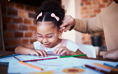 Image showing Homework, drawing and child at home with parent, care and learning for project. Young girl, problem solving and knowledge at a house with student education, mother and notes at table for school