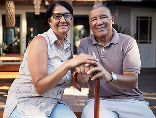 Image showing Portrait, smile and cane of senior couple by home, bonding or having fun together. Relax, walking stick and elderly woman and man with a disability, happy and care, love and support, trust or loyalty