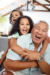 Image showing Family, grandpa portrait and home with happy game, bonding and care with grandfather, excited and child. Love, play and living room with children and funny together relax with grandparents smile