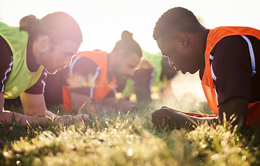 Image showing Sports, team and soccer group plank on field for fitness training, workout or core exercise outdoor in summer. Football player, club and athletes, men and focus for strength or sport challenge