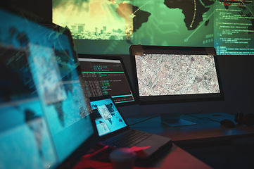 Image showing Computer, dark and monitor for global cyber security, government research or data capturing. Software, office and a desk with pc for world server, surveillance agency or information for analysis