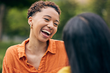 Image showing Face, smile and laughing with a black woman in the park with a friend for funny humor in summer. Freedom, comedy and sunshine with a happy young female person laughing at a joke outdoor in nature