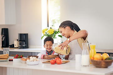 Image showing Breakfast, smile and food with family and cooking with kids morning cereal at a home. Kitchen, love and support of a mother and young child with teaching and parent care for baking learning together