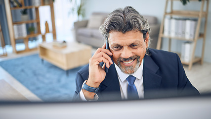 Image showing Phone call, computer and mature happy man on business conversation, communication and talking with investment contact. Cellphone, networking and person consulting about online info, report of project