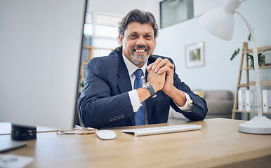 Image showing Happy, smile and portrait of a businessman in the office with confidence, professional and attorney career. Pride, legal and mature male corporate lawyer working by his desk in his modern workplace.