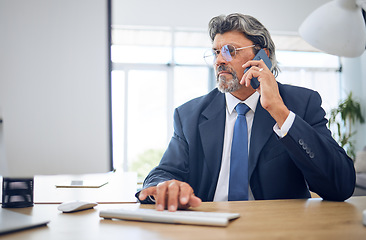 Image showing Phone call, computer and mature business man reading negotiation report, planning and talking with insurance agent. Cellphone, network and person consulting about online info, bank advice of project