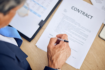 Image showing Legal, contract and signature with businessman hand, pen and lawyer with document, paperwork or deal agreement. Business, offer and attorney signing professional policy, form or application of law