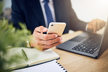 Image showing Phone, laptop and a business person with internet for research, information technology or contact. Hands of a professional man with a smartphone and notebook for planning, schedule or communication