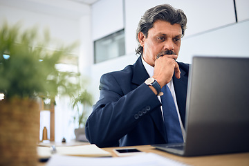 Image showing Business, thinking and man with a laptop, solution and problem solving with connection, ideas and email. Person, employee or professional with a pc, technology and research for a project and analysis