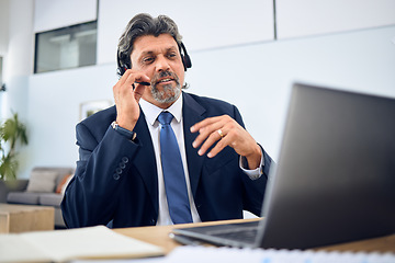 Image showing Business man, call center and laptop for consultant in communication, sales or virtual meeting. Corporate agent, financial advisor or manager speaking on computer or video for work from home webinar