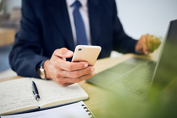 Image showing Phone, typing and hand of a business person with internet for research, information technology or contact. Corporate man with smartphone, laptop and notebook for planning, schedule or communication