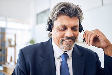 Image showing Senior businessman, call center and consulting in customer service, support or financial advisor at office. Mature man, consultant or agent smile with headphones in online advice or help at workplace