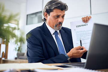 Image showing Contract, video call and businessman with a document in the office talking to an online client. Discussion, paperwork and mature professional male lawyer in a virtual meeting on a laptop in workplace