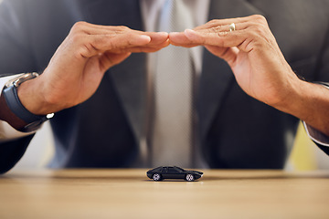 Image showing Investment, hands and person with car insurance or covering for safety or business. Office, protection and man with shelter or security for transportation, guarantee or premium support for a vehicle