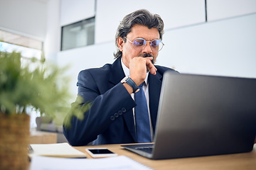 Image showing Corporate, thinking and man with a laptop, ideas and problem solving with connection, data analysis and email. Person, accountant or professional with a pc, brainstorming and research with solutions