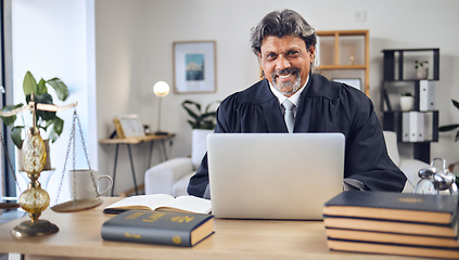 Image showing Portrait, laptop and a senior man judge in his office for legal research or planning for a trial. Computer, case file and a happy mature government employee in the workplace for a judgment ruling