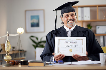 Image showing Law, portrait and a mature graduate with a certificate from education achievement in an office. Smile, graduation and a lawyer or legal attorney with a diploma at work for career celebration