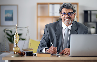 Image showing Justice, lawyer and portrait in office with laptop for working in law firm, court research or search online for legal policy or rules. Judge, attorney or mature businessman review report on computer