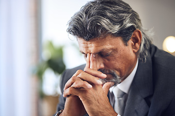 Image showing Problem, stress and a businessman with a headache, burnout or work mistake. Tired, frustrated and a mature manager or employee with fatigue from a professional career with depression or debt risk