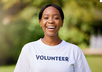 Image showing Happy, park volunteer and portrait of a black woman for cleaning, community work and service. Smile, young and an African girl or charity worker in nature for waste management or social project