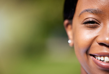 Image showing Half face, smile and black woman in nature on mockup space outdoor. Portrait, happy and natural African person in summer garden, countryside and woods in closeup on holiday and vacation in Kenya