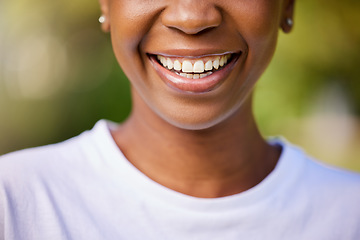 Image showing Smile, closeup and mouth of a woman for dental health, oral hygiene and dentist results in nature. Beauty, wellness and lips or teeth of a person for whitening progress, healthcare or cleaning