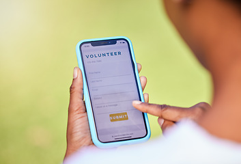 Image showing Phone screen, volunteer digital application and hands, charity and NGO with help, donation and mobile app. Internet, paperless and person sign up, information and non profit organization with care