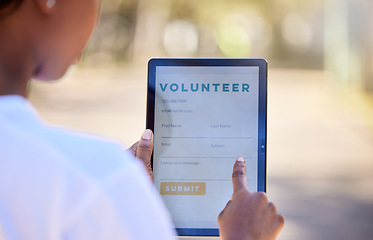 Image showing Nature, woman and a tablet for volunteering registration, checklist or signup on a screen. Hands, environment and a volunteer with a digital app for participation in park cleaning and charity work