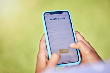 Image showing Phone screen, volunteer and hands, register online for charity and NGO with help, donation and mobile app. Internet, digital application and person sign up, info and non profit organization with care