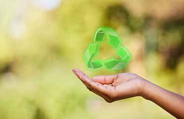 Image showing Person, hand and recycle sign with hologram, carbon footprint and save the earth with sustainable waste management. Woman, holograph and eco friendly symbol for reduce, reuse and recycling process