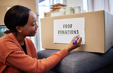 Image showing Food, donation and charity with black woman and box for volunteer, helping and support. Grocery, community service and hope with person at home for ngo package, nonprofit and social responsibility