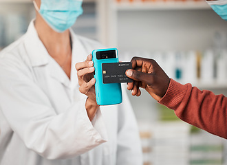 Image showing Pharmacy, hands and credit card with pos, customer and face mask for safety with commerce for healthcare. Payment tap, machine and banking in store for medical product, budget or sales for wellness