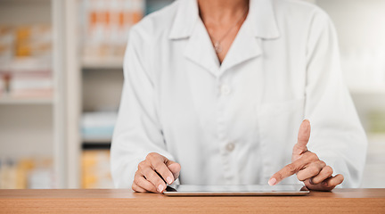 Image showing Pharmacist hands, tablet and typing on desk, counter and click app for sales, help and store for health. Pharmaceutical worker, digital touchscreen and press for schedule, contact or communication