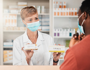 Image showing Face mask, pharmacist and medicine pills choice for patient asthma, virus and breathing drugs. Woman, help and customer with medical product solution in pharmacy wellness sales, retail or healthcare