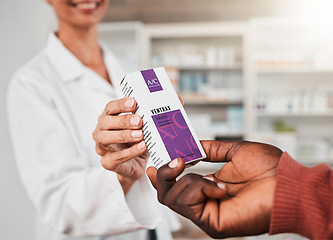 Image showing Hands, pharmacist or patient with medicine box for asthma, inhaler or breathing support. Closeup person, help or customer with medical product for pharmacy wellness sales, retail or lungs healthcare