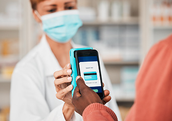 Image showing Pharmacy, hands and phone for shopping, payment or customer in face mask, safety and commerce for healthcare. Smartphone, machine and banking application in store for medical product, budget or sales