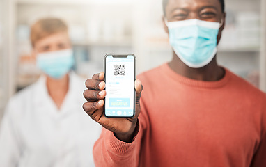 Image showing Man, covid test results and phone screen in pharmacy, portrait and happy for health, face mask and app. African patient, doctor and smartphone for compliance, registration and stop virus with barcode