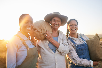 Image showing Women, agriculture and group portrait in field, countryside and bag with smile, harvest and farming in summer. Female teamwork, agro job and helping hand in sunset, nature and outdoor in environment