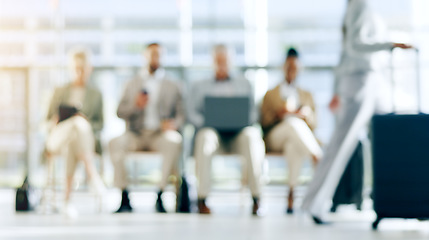 Image showing Technology, airport group and waiting room of business people typing, scroll or reading online plane flight booking. Airplane transport journey, blurred lobby and traveler on tablet, laptop or phone