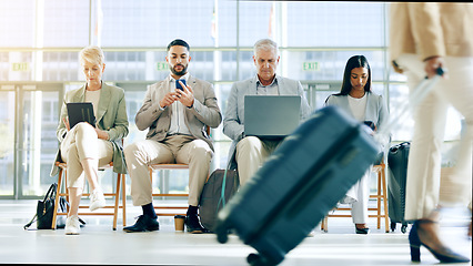 Image showing Technology, airport and waiting room row of business people check plane schedule, travel flight booking or transport journey. Airplane departure, lobby and group work on tablet, cellphone or phone