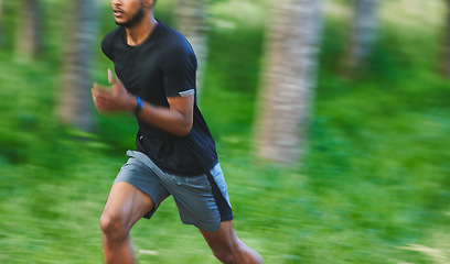 Image showing Running, fitness and fast man with blur in forest for marathon training, exercise and cardio workout. Sports, nature and athlete for wellness, healthy body and endurance for race, speed and challenge